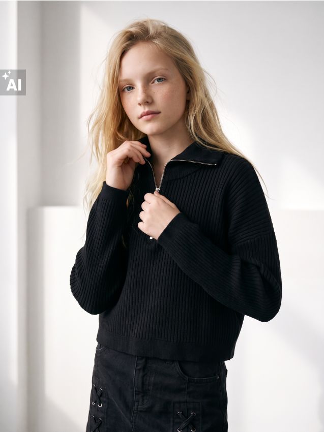 Sinsay - Pulover rib cu fermoar half-zip cu vâscoză - negru