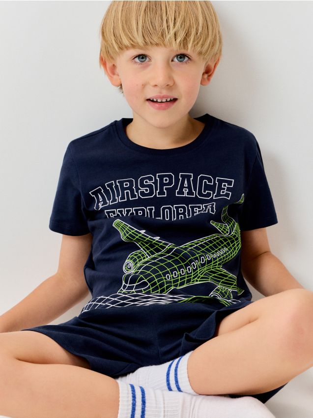 Sinsay - Pijama din bumbac din două piese cu imprimeu avion - bleumarin