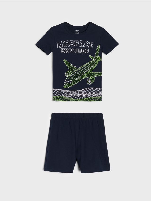 Sinsay - Pijama din bumbac din două piese cu imprimeu avion - bleumarin