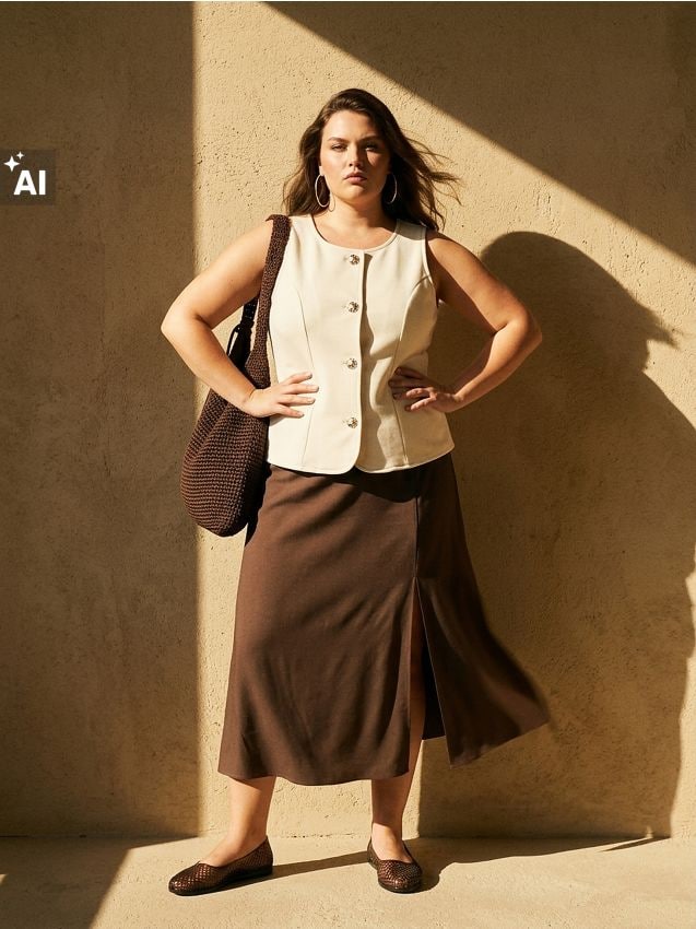 Sinsay - Fustă midi cu șliț cu vâscoză și amestec de in Plus size - cacao-cu-lapte