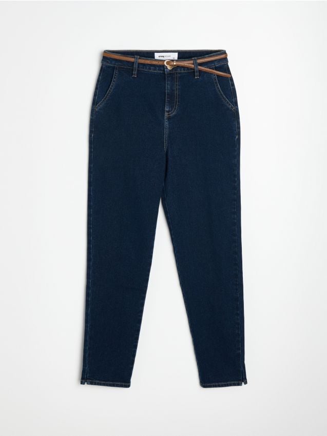 Sinsay - Jeansy chino mom fit z paskiem z domieszką wiskozy - niebieski