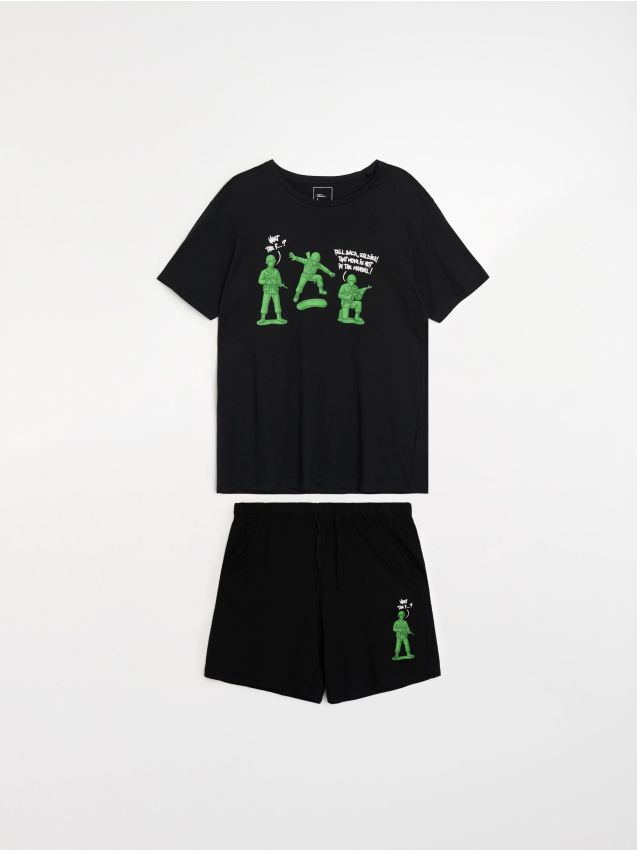 Sinsay - Pijama din bumbac în două piese cu imprimeu - negru