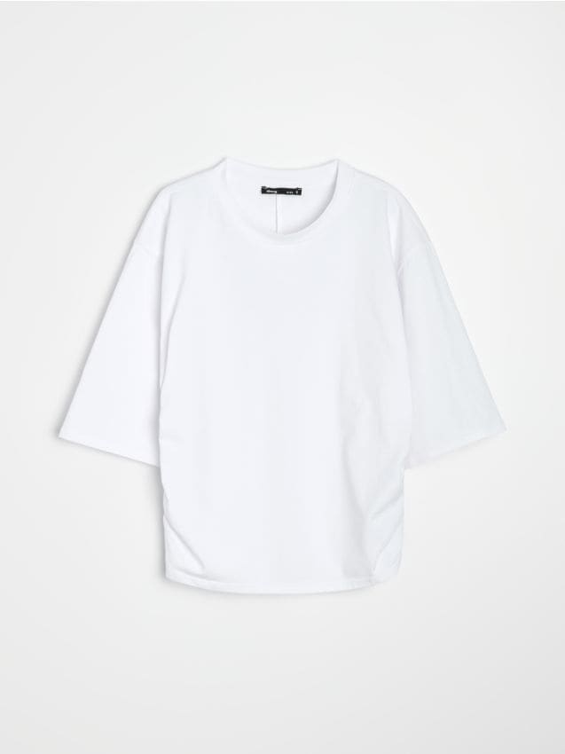 Blusa in cotone con maniche a 3/4 e arricciature laterali - bianco