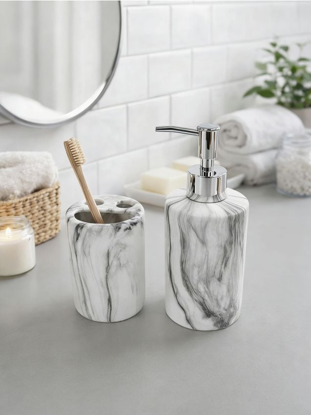 Sinsay - Set de baie cu model marmorat: dozator de săpun și suport pentru periuțe de dinți 2 pack - gri deschis
