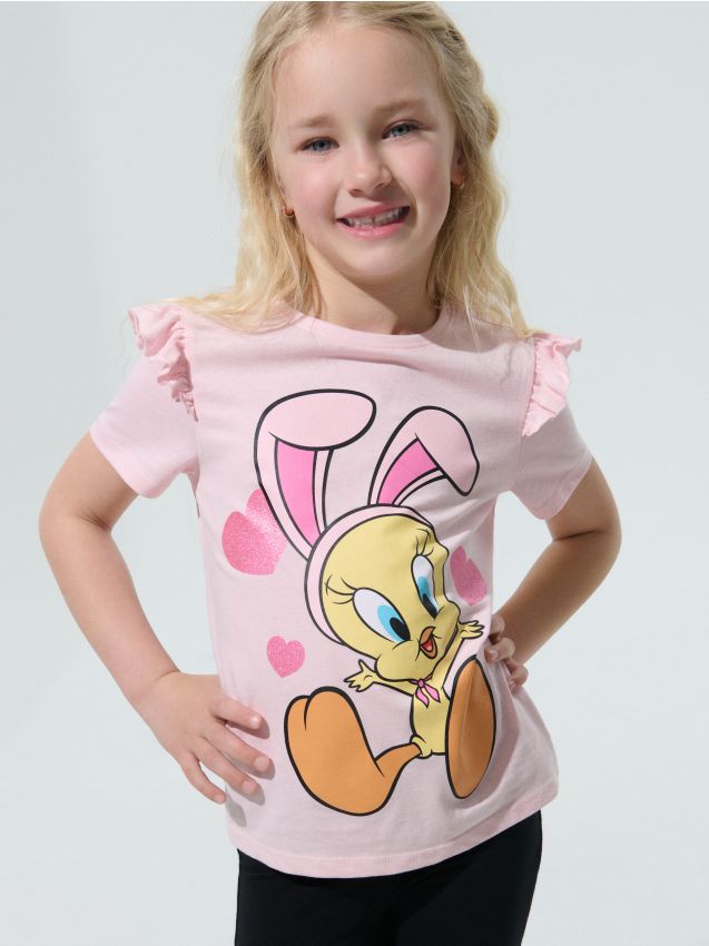 Sinsay - Tricou din bumbac cu imprimeu Loonely Tunes - roz-piersică