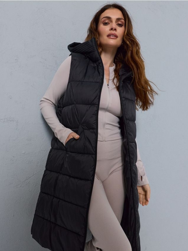 Gilet lungo trapuntato con cappuccio - nero