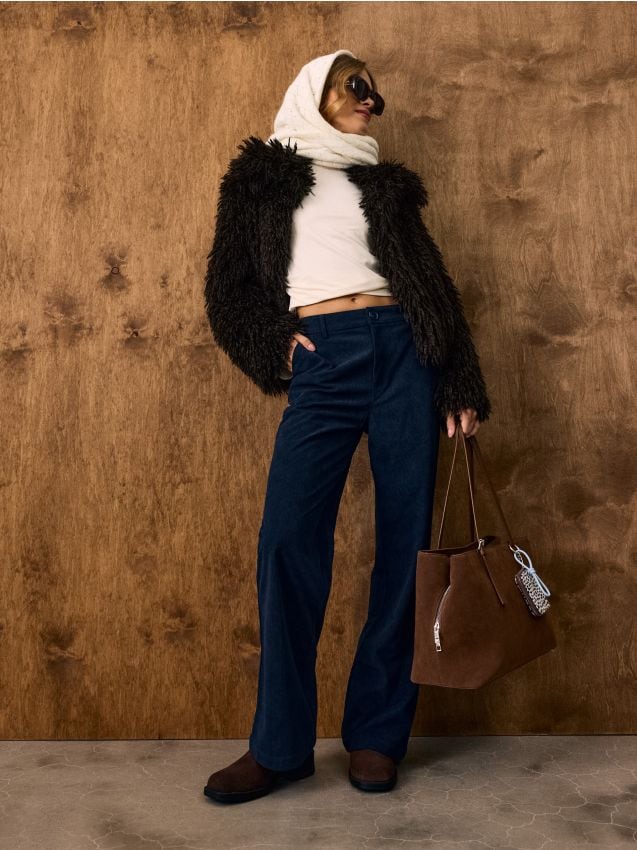 Sinsay - Pantaloni wide leg din catifea cu talie înaltă - bleumarin
