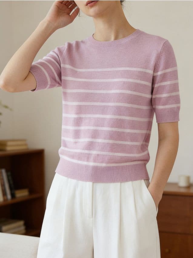 Sinsay - Sweter z krótkim rękawem w paski - różowy