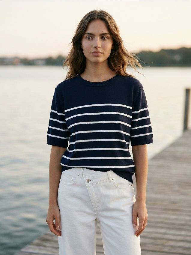 Sinsay - Sweter z krótkim rękawem w paski - granatowy