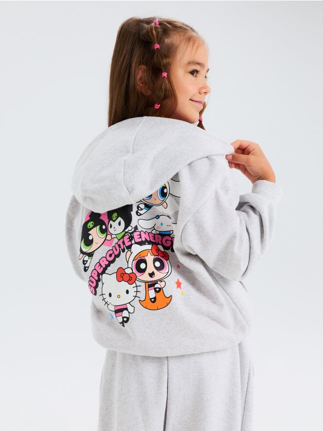 Sinsay - Hanorac cu glugă și fermoar Hello Kitty and Friends x Powerpuff Girls - gri deschis