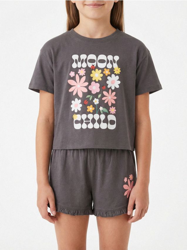 Sinsay - Pijama din bumbac în două piese cu imprimeu - gri-închis