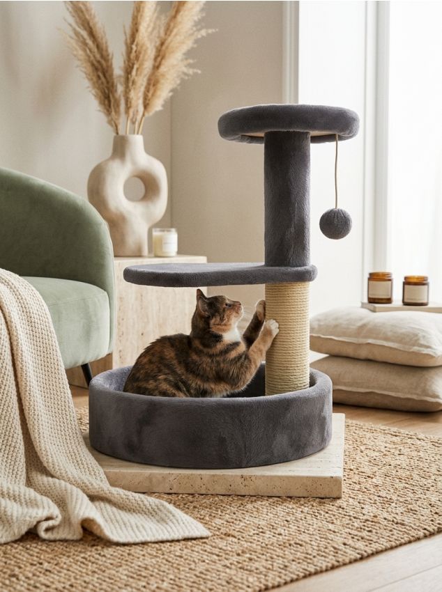 Sinsay - Stâlp de zgâriat pentru pisici pe mai multe niveluri cu culcuș și jucărie suspendată - gri deschis