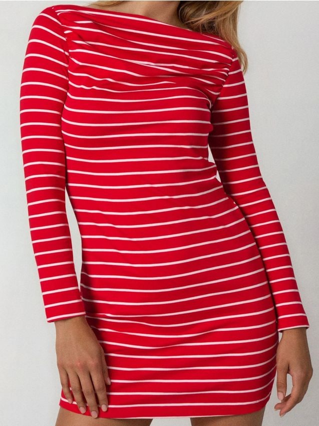 Abito a righe con scollo arricciato - multicolor