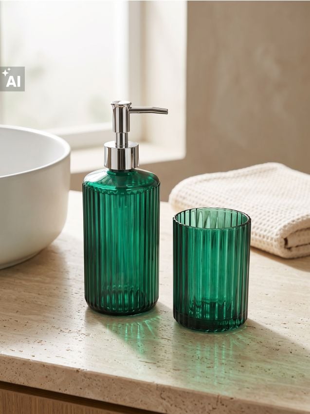 Sinsay - Dozator de săpun din sticlă și suport pentru periuțe cu striații 2 pack - verde-pal