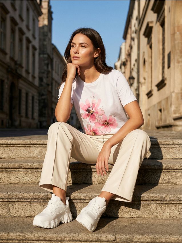 Sinsay - Tricou din bumbac cu imprimeu - crem