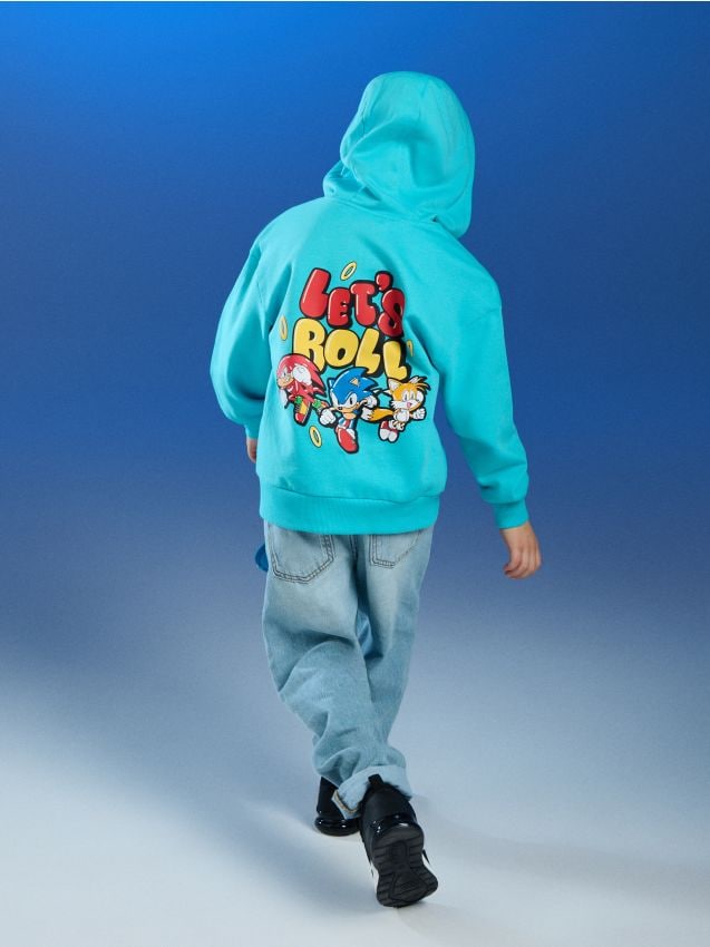 Sinsay - Hanorac din bumbac cu imprimeu pe spate Sonic the Hedgehog - acvamarin