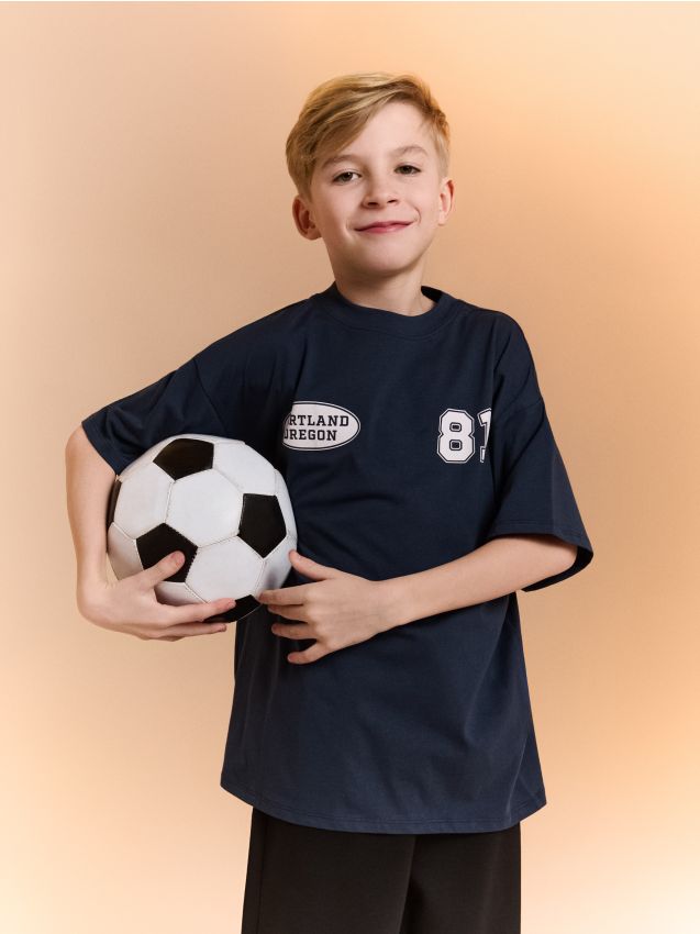 Sinsay - Tricou oversize din bumbac cu imprimeu - bleumarin