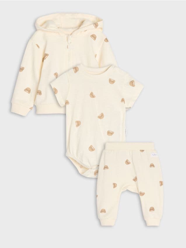 Sinsay - Bawełniany komplet: bluza, body i spodnie - kremowy