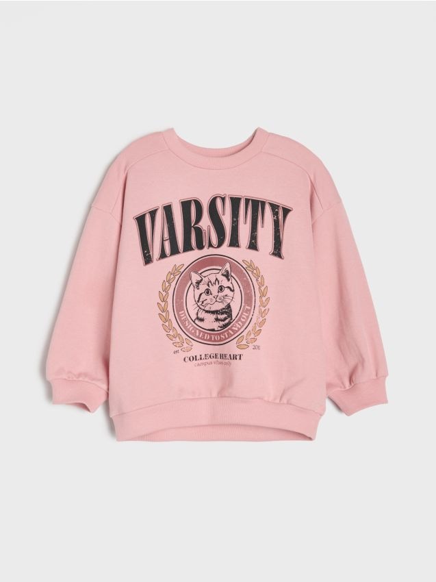 Sinsay - Bluza crewneck cu imprimeu de pisică din țesătură terry - roz