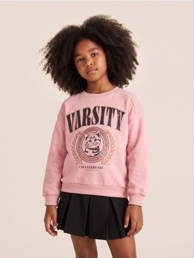 Sinsay - Bluza crewneck cu imprimeu de pisică din țesătură terry - roz