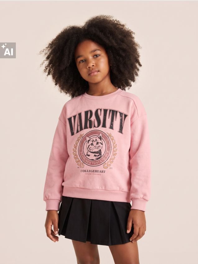 Sinsay - Bluza crewneck cu imprimeu de pisică din țesătură terry - roz