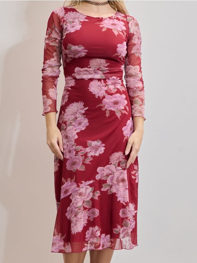 Abito midi con arricciature e stampa floreale - maroon