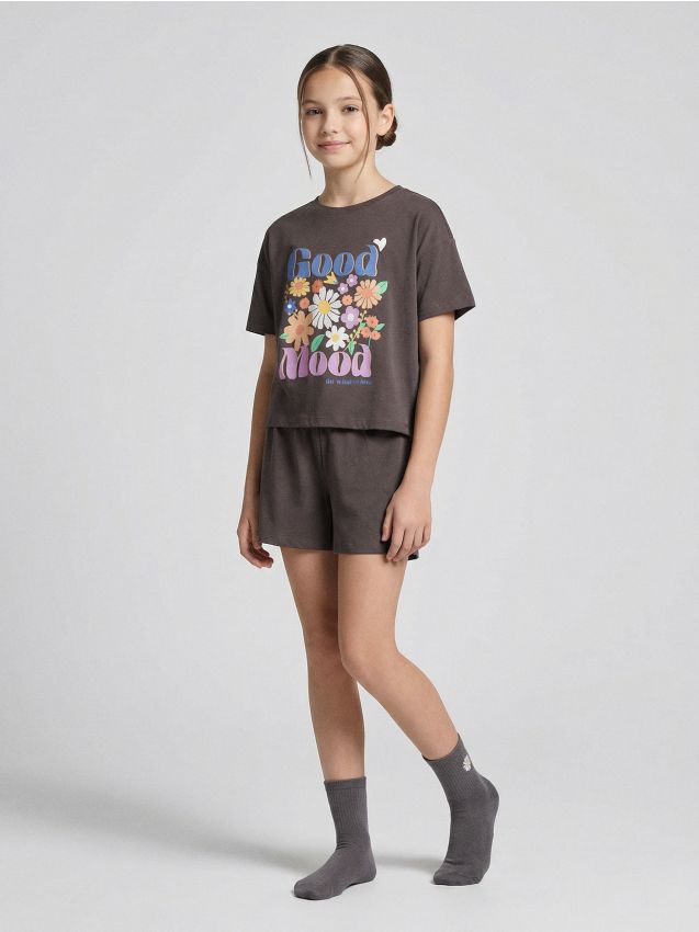 Sinsay - Pijama din bumbac în două piese cu imprimeu - gri-închis