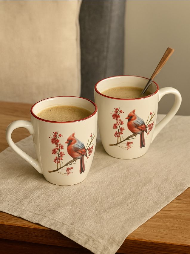 Sinsay - Keramické hrnčeky so zimným potlačou vtákov 2 pack - červená