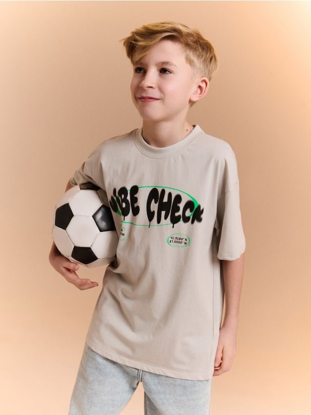 Sinsay - Tricou oversize din bumbac cu imprimeu - gri deschis