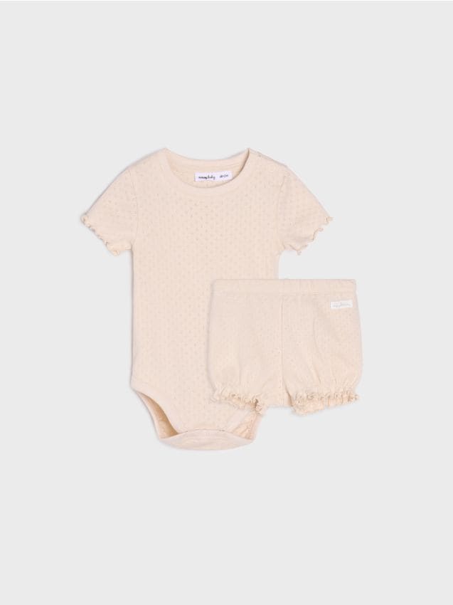 Sinsay - Set pentru bebeluși din bumbac: body cu mânecă scurtă și pantaloni scurți - nude