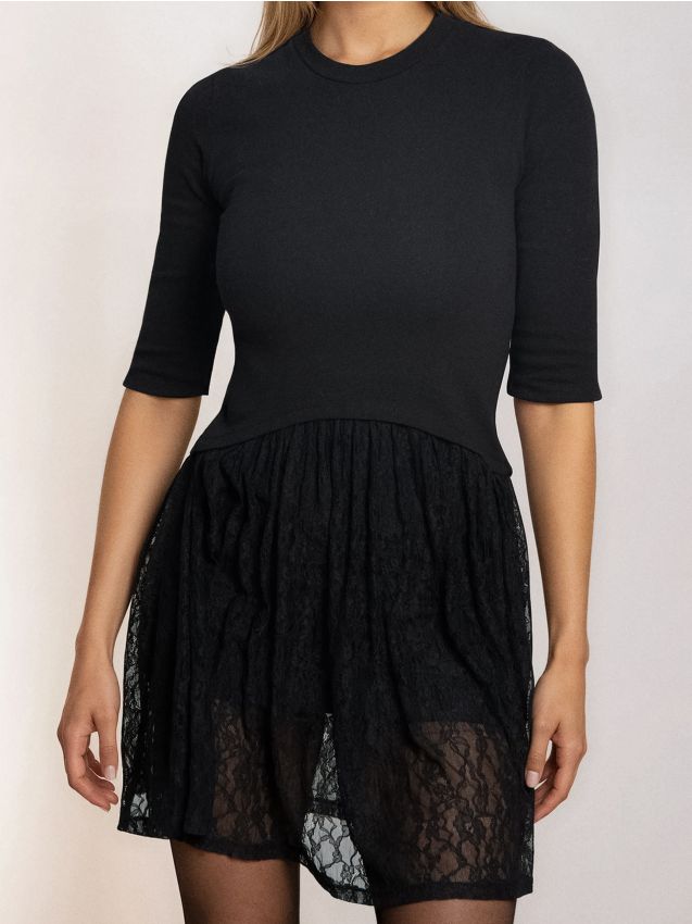 Abito mini con orlo in pizzo - nero