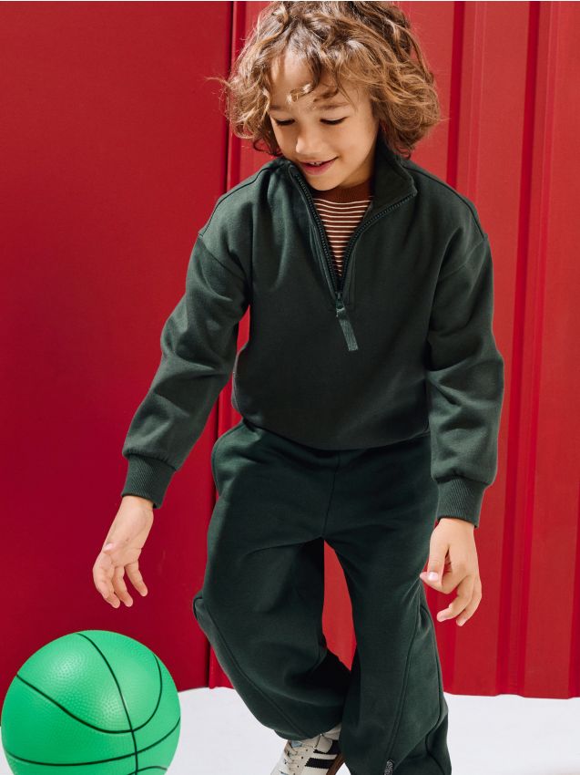 Sinsay - Bluză half-zip din bumbac din tricot fleece - verde-închis