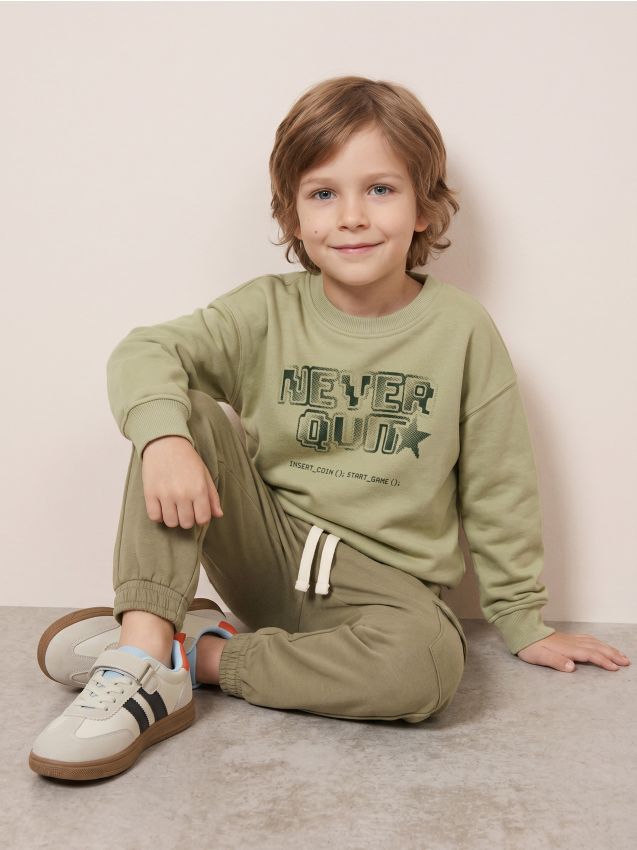 Sinsay - Hanorac crewneck loose cu imprimeu - verde-oliv deschis