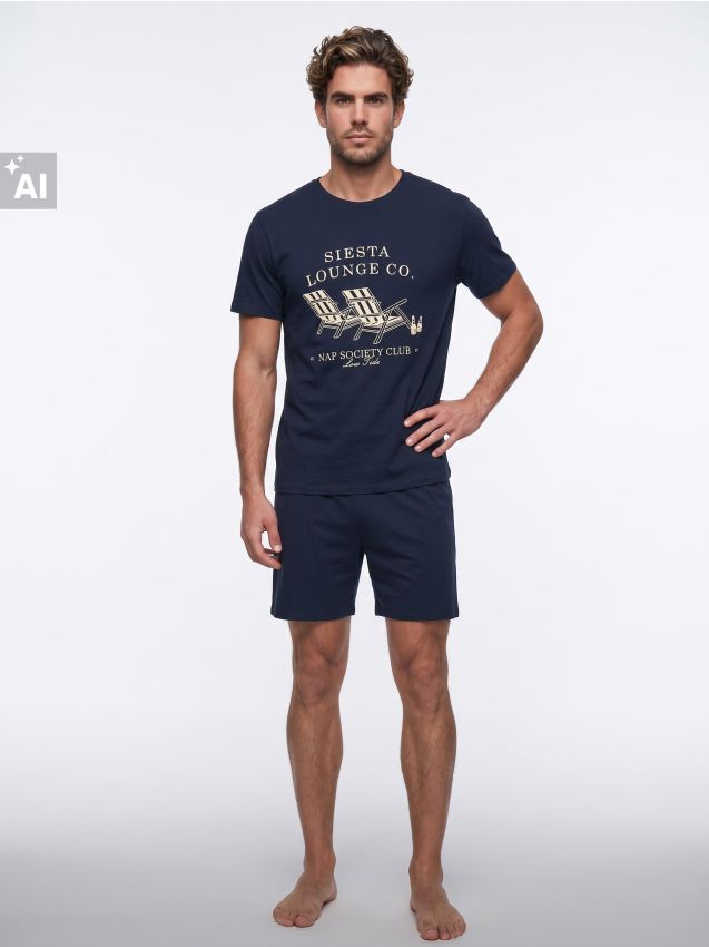 Sinsay - Pijama din bumbac din două piese cu motiv de vară - bleumarin