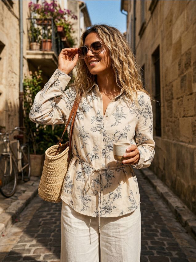 Sinsay - Cămașă cu amestec de in și legătură la spate - multicolor