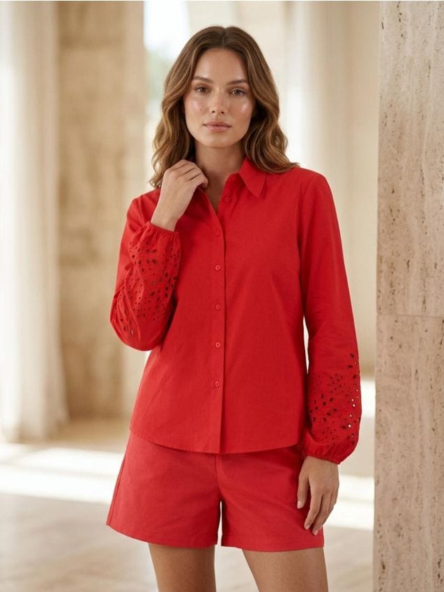 Sinsay - Cămașă din bumbac cu finisaj din dantelă la mâneci - roșu