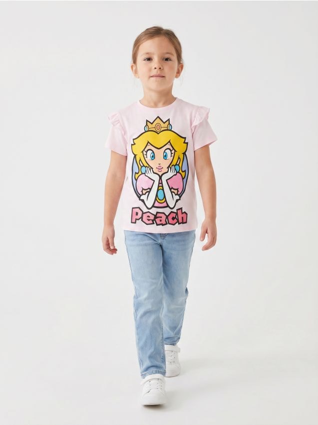 Sinsay - Tricou din bumbac cu volane Super Mario - roz-pastel
