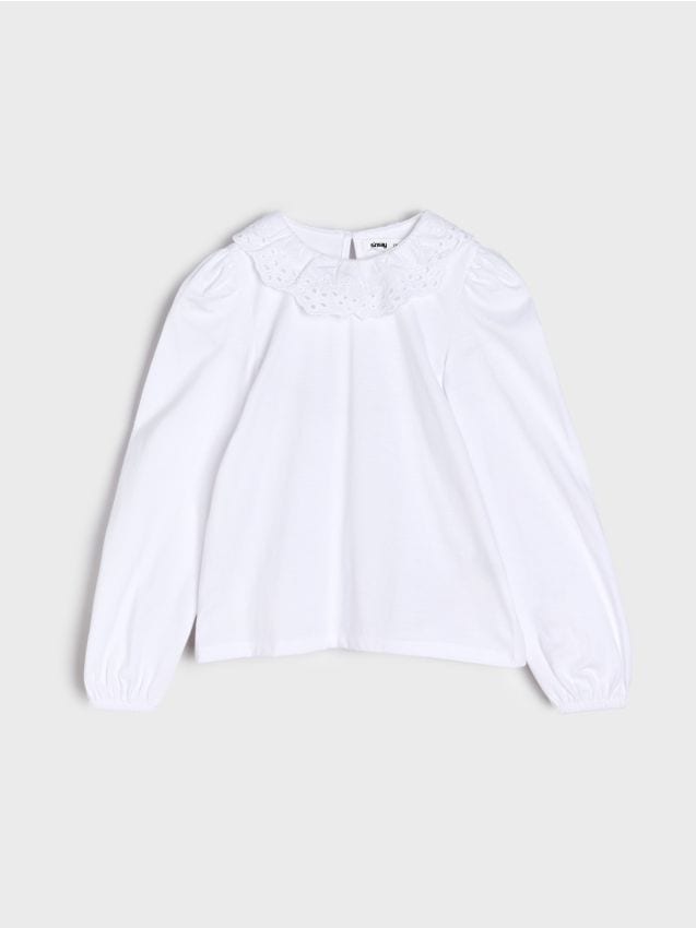 Sinsay - Bawełniana bluzka z ozdobnym kołnierzykiem - biały