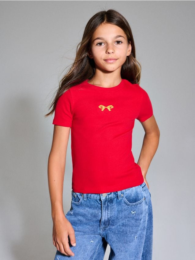 Sinsay - Tričko z prúžkovaného úpletu - červená