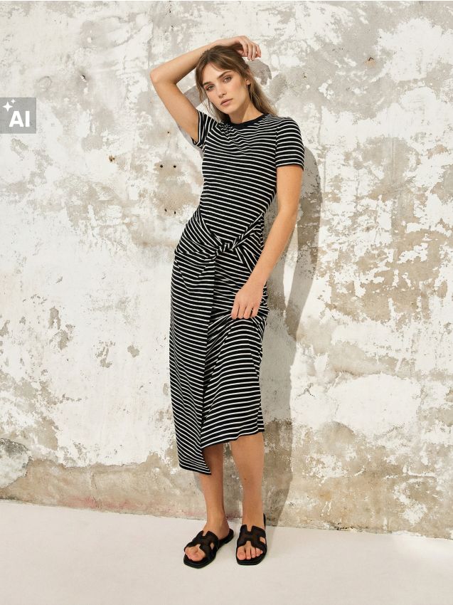 Sinsay - Rochie midi în dungi cu amestec de vâscoză - negru