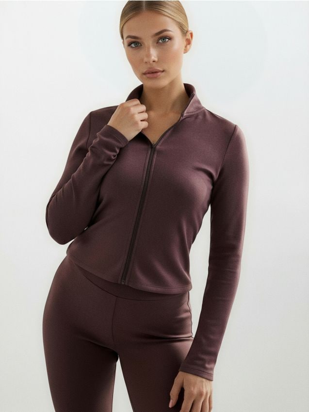 Sinsay - Hanorac half-zip soft touch cu amestec de vâscoză Gym Hard - maro-închis