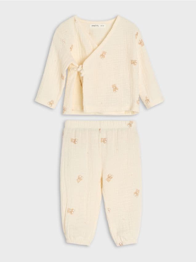 Sinsay - Bawełniany komplet: kopertowa bluzka i spodnie z motywem misiów - kremowy