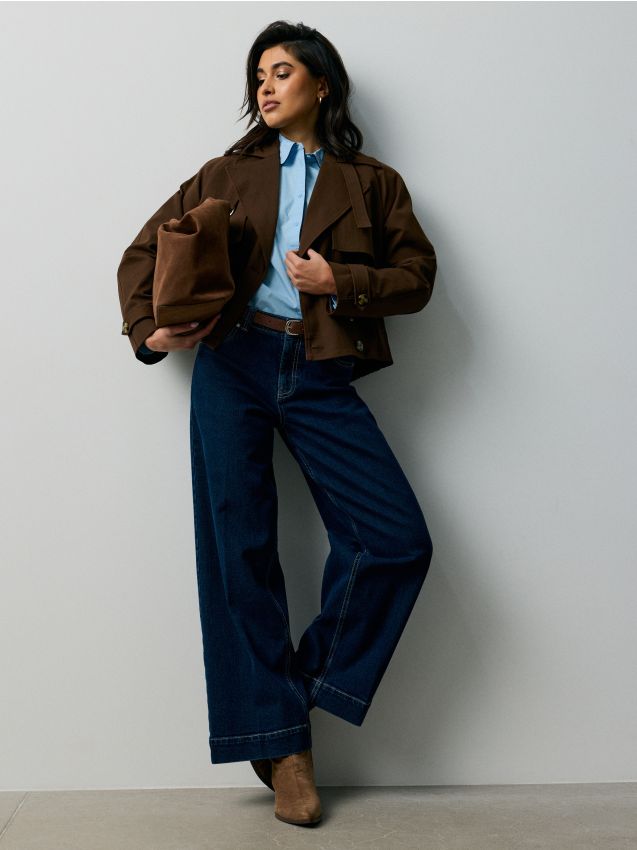 Sinsay - Blugi wide leg cu curea - albastru metalizat