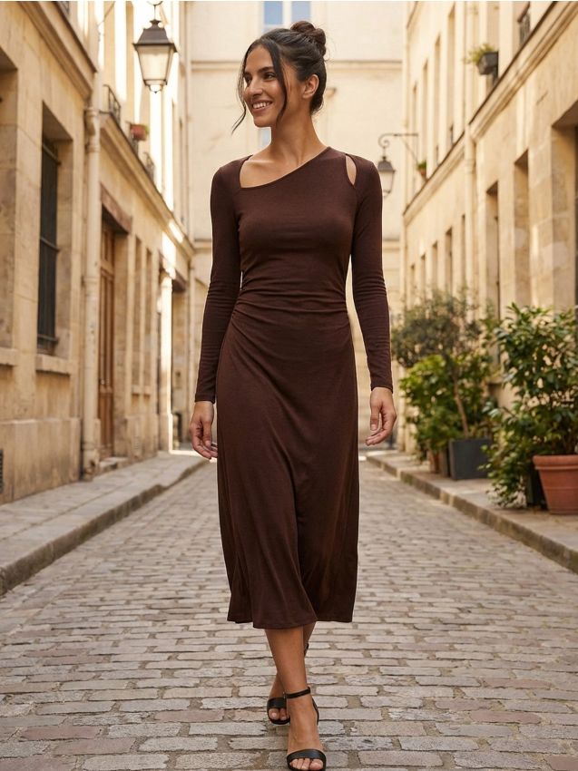 Sinsay - Rochie maxi cu decolteu asimetric - maro-închis