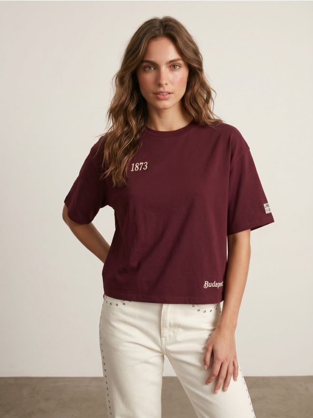 Sinsay - Tricou cu inscripție din tricot terry - bordo