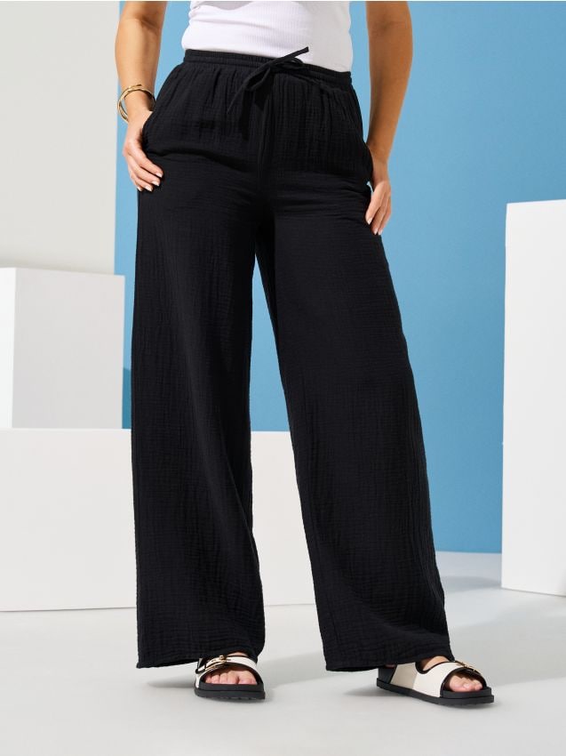 Sinsay - Muślinowe spodnie wide leg - czarny