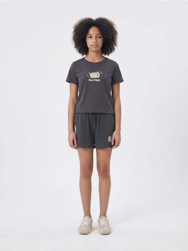 Sinsay - Pantaloni scurți paperbag Pusheen the Cat - negru-antracit