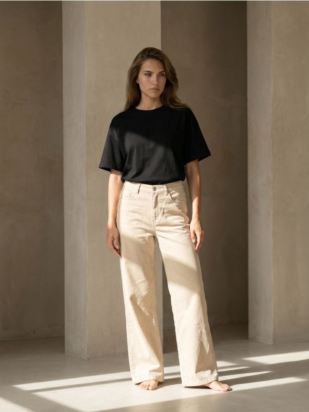 Sinsay - Pantaloni wide leg din catifea cu talie înaltă - bej