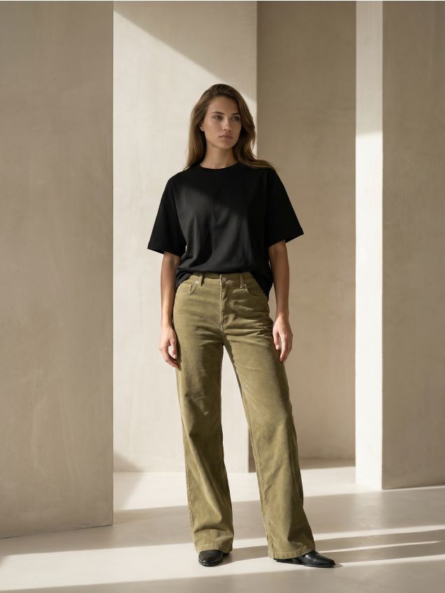 Sinsay - Pantaloni wide leg din catifea cu talie înaltă - verde