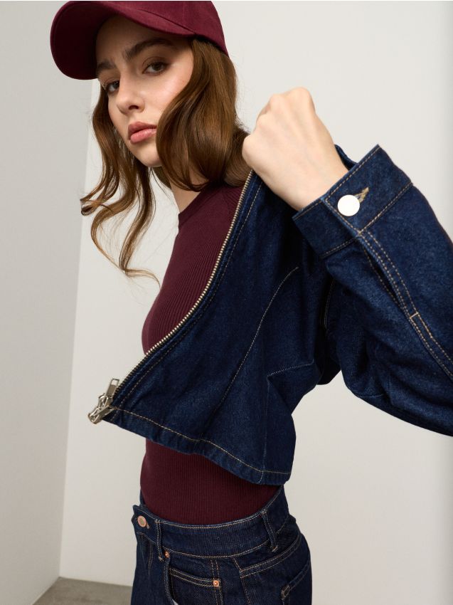 Sinsay - Jachetă din denim cu fermoar, croi slim - albastru metalizat